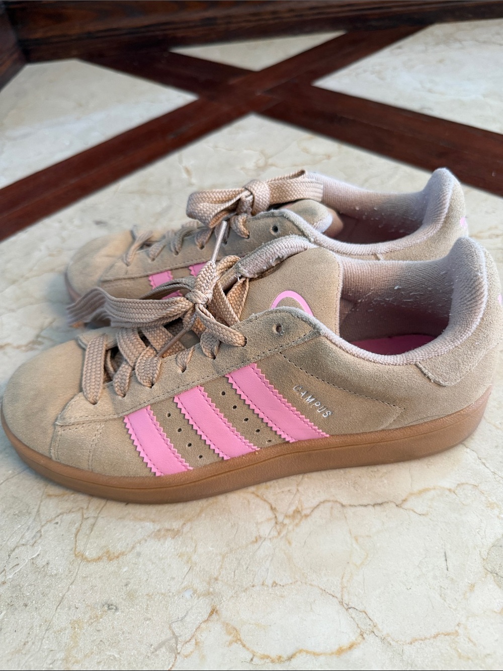 adidas Women’s Suede Sneakers in Beige with Pink Stripes